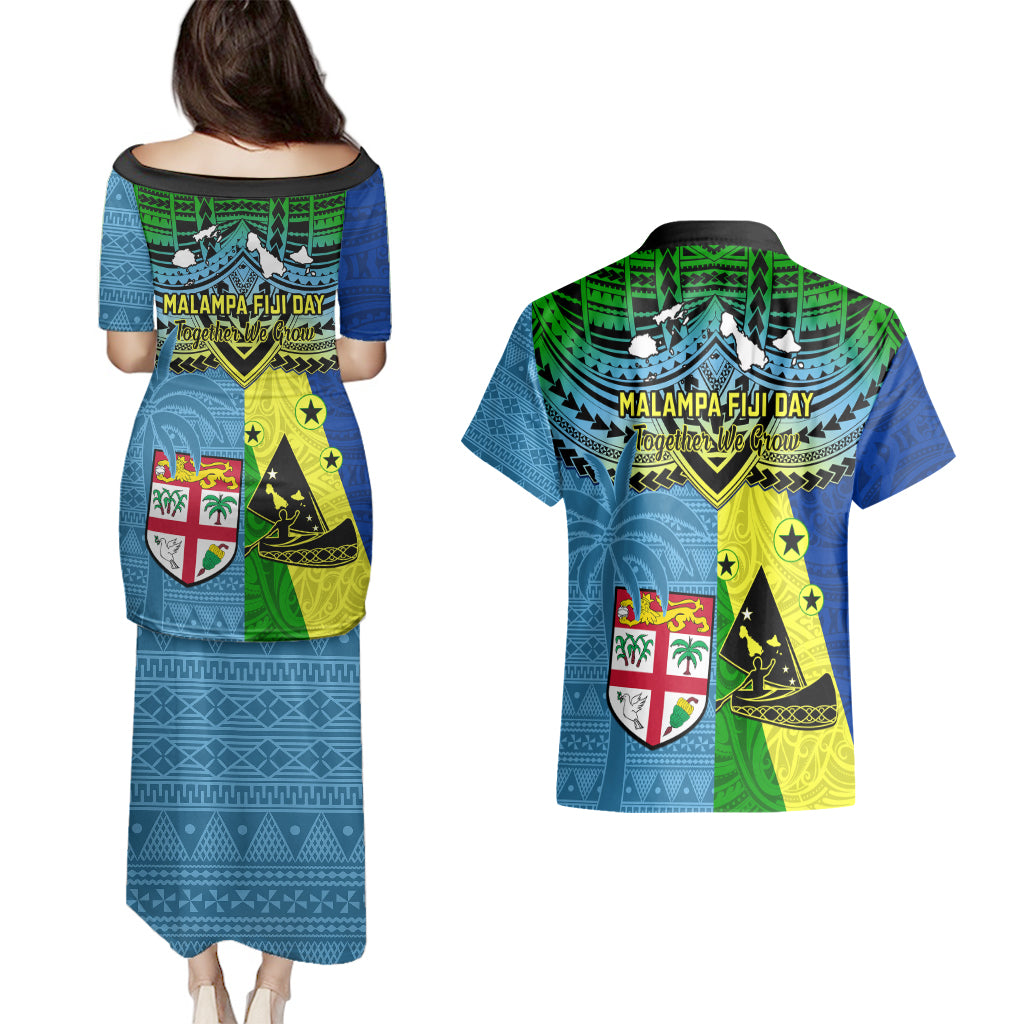 Malampa Fiji Day Couples Matching Puletasi Dress and Hawaiian Shirt Together We Grow Proud Polynesian Tapa Artsy - Wonder Print Shop