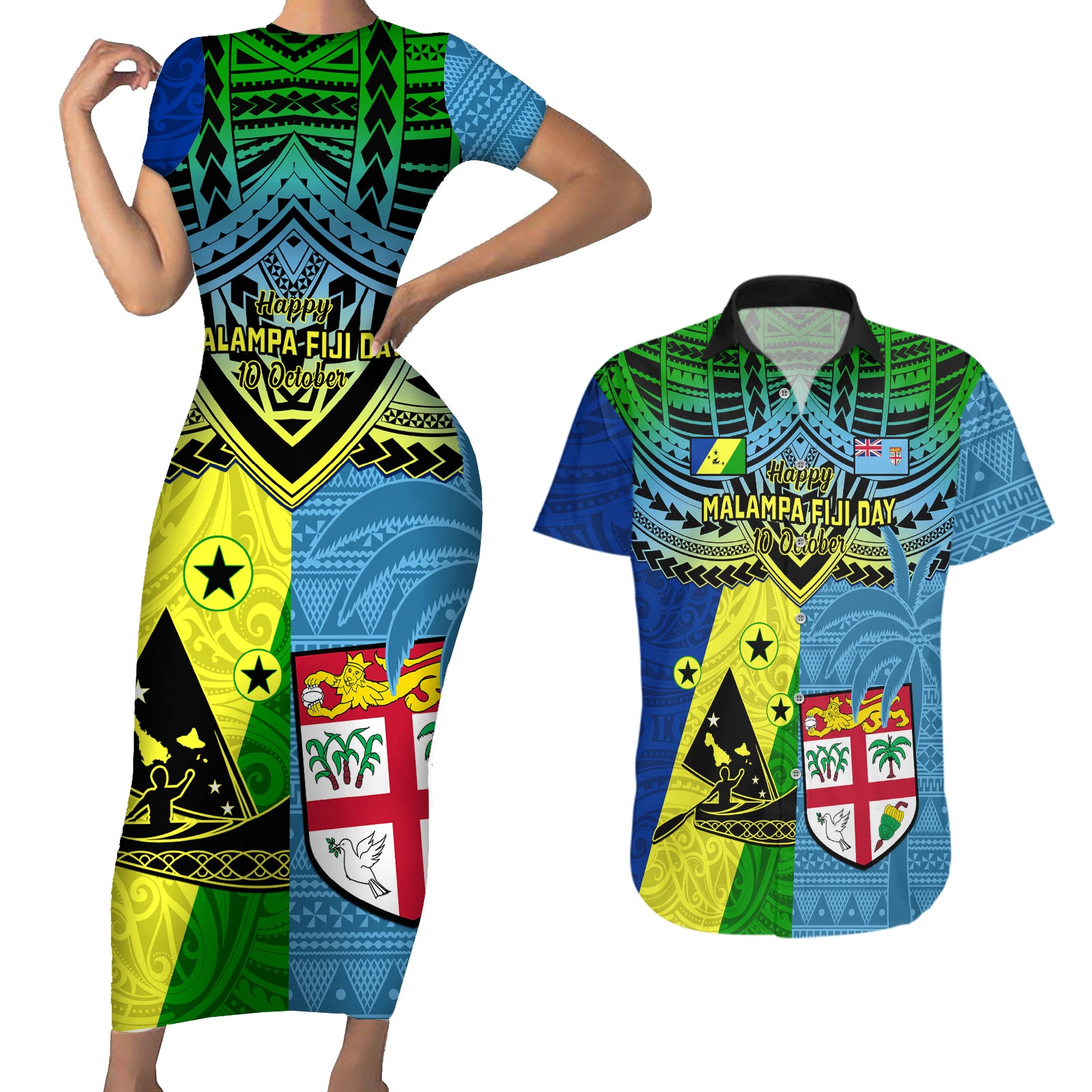 Malampa Fiji Day Couples Matching Short Sleeve Bodycon Dress and Hawaiian Shirt Together We Grow Proud Polynesian Tapa Artsy - Wonder Print Shop