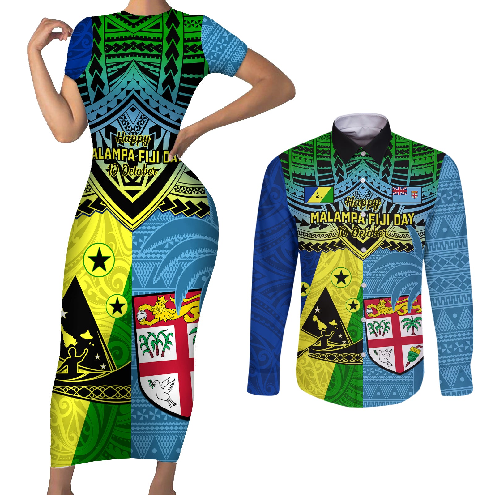 Malampa Fiji Day Couples Matching Short Sleeve Bodycon Dress and Long Sleeve Button Shirts Together We Grow Proud Polynesian Tapa Artsy - Wonder Print Shop