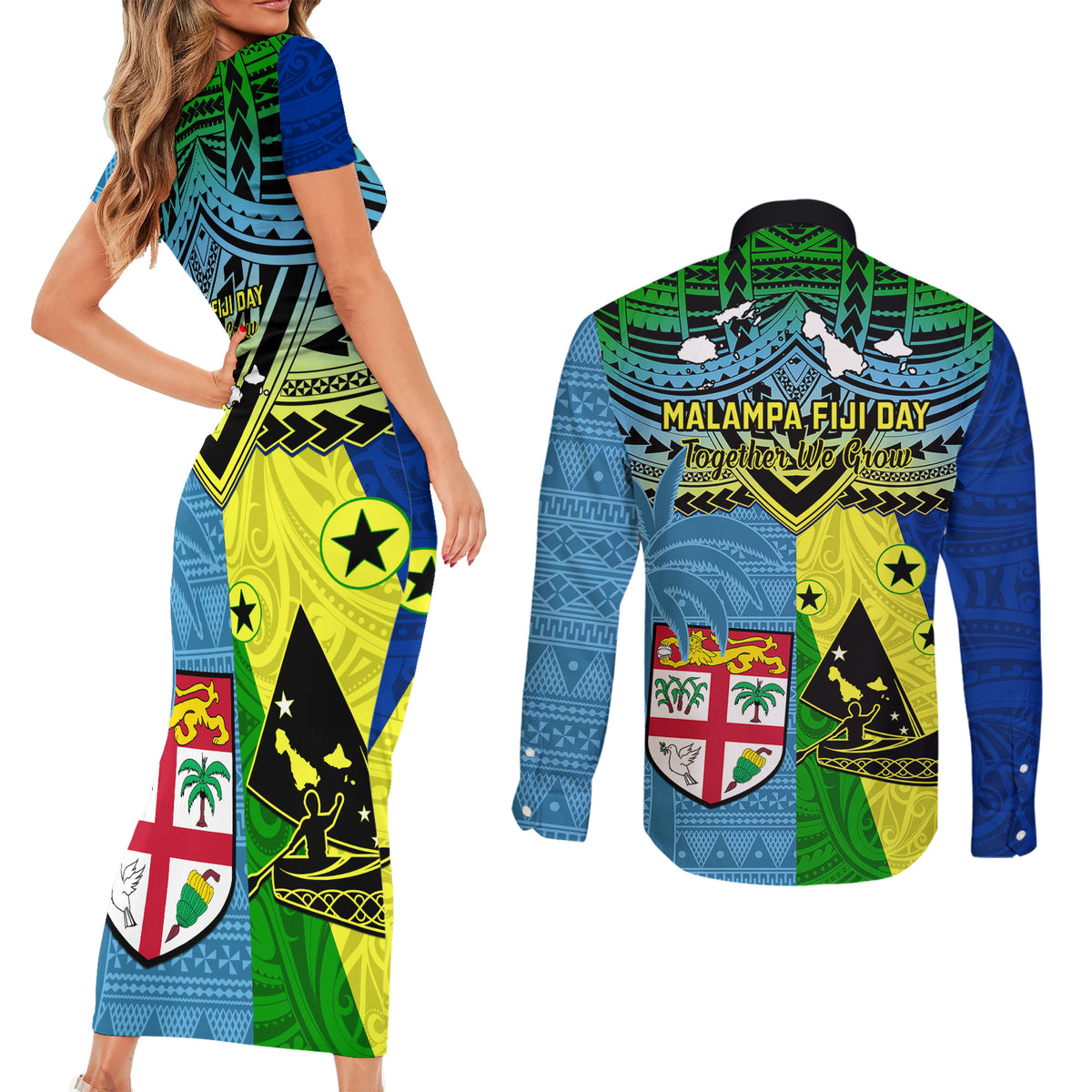 Malampa Fiji Day Couples Matching Short Sleeve Bodycon Dress and Long Sleeve Button Shirts Together We Grow Proud Polynesian Tapa Artsy - Wonder Print Shop