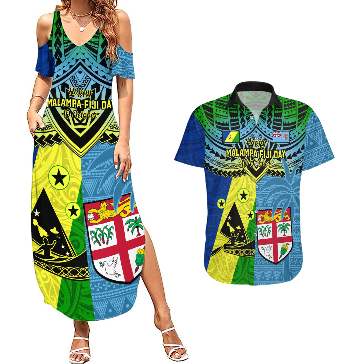 Malampa Fiji Day Couples Matching Summer Maxi Dress and Hawaiian Shirt Together We Grow Proud Polynesian Tapa Artsy - Wonder Print Shop