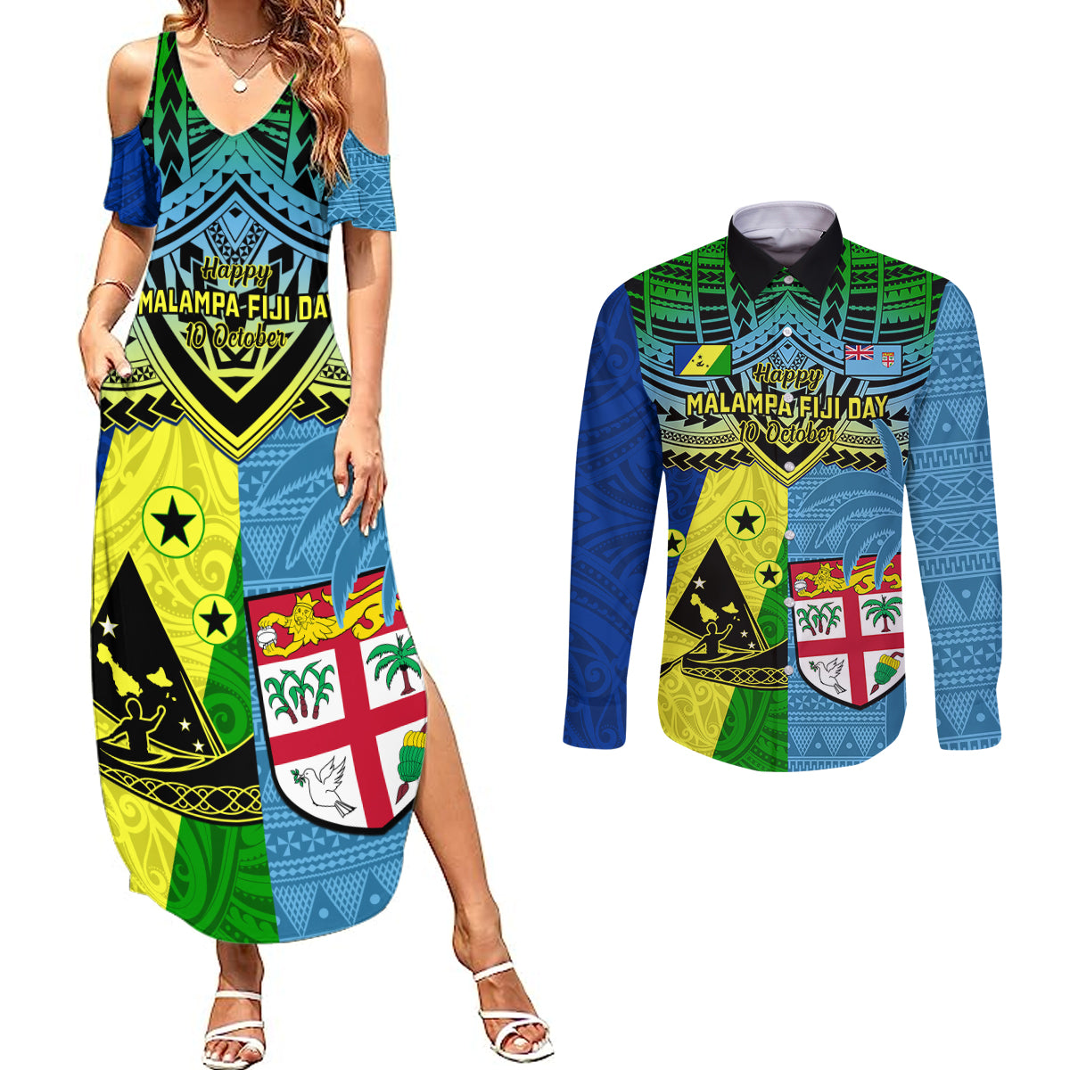 Malampa Fiji Day Couples Matching Summer Maxi Dress and Long Sleeve Button Shirts Together We Grow Proud Polynesian Tapa Artsy - Wonder Print Shop