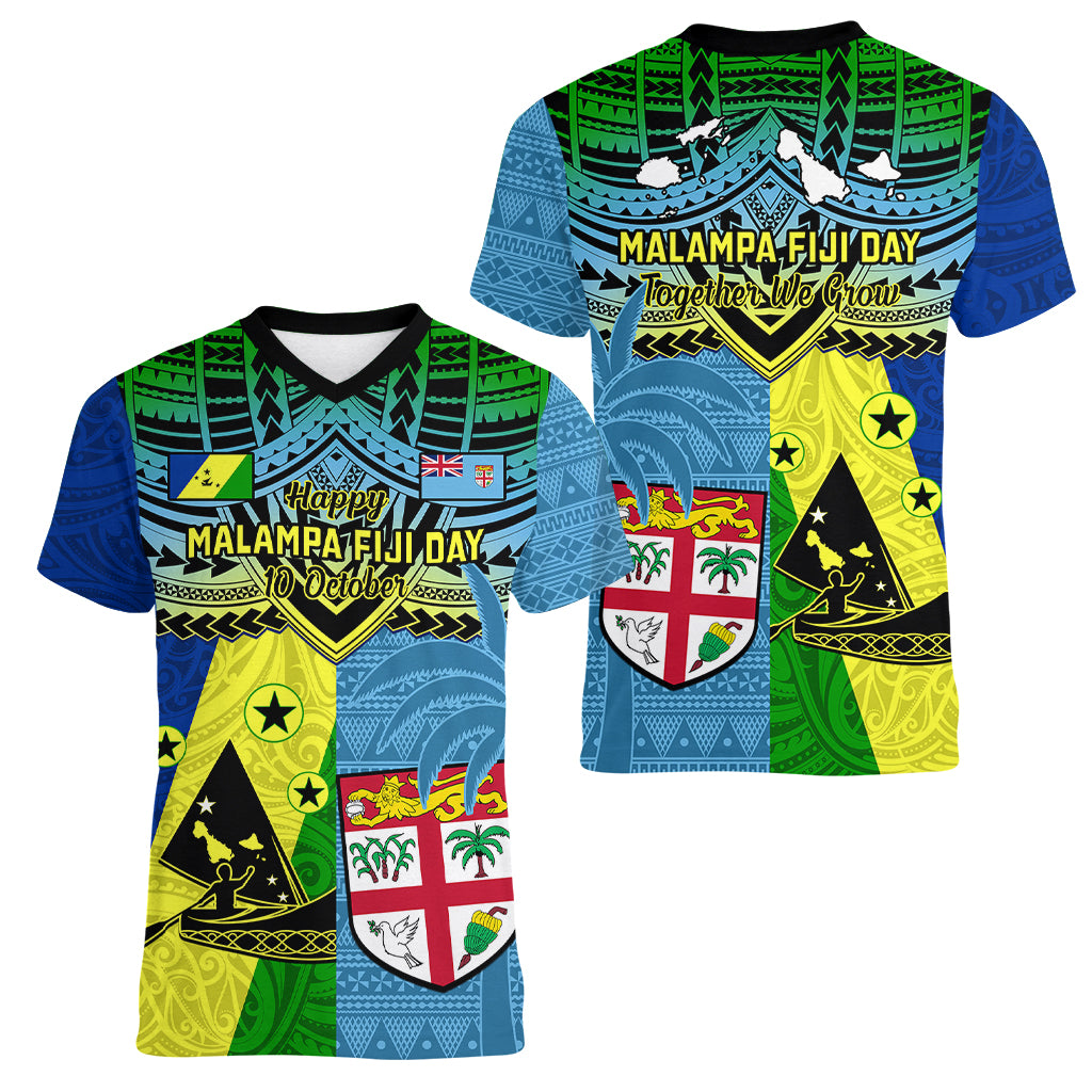 Malampa Fiji Day Women V Neck T Shirt Together We Grow Proud Polynesian Tapa Artsy - Wonder Print Shop