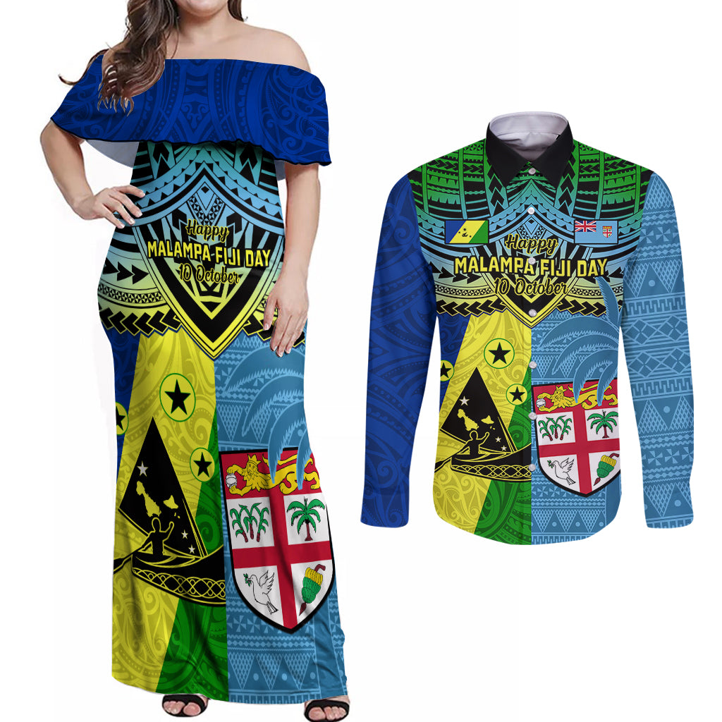 Custom Malampa Fiji Day Couples Matching Off Shoulder Maxi Dress and Long Sleeve Button Shirts Together We Grow Proud Polynesian Tapa Artsy - Wonder Print Shop