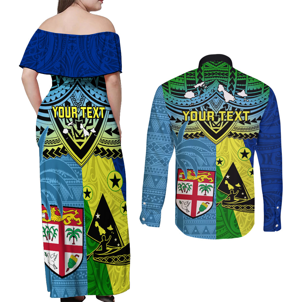 Custom Malampa Fiji Day Couples Matching Off Shoulder Maxi Dress and Long Sleeve Button Shirts Together We Grow Proud Polynesian Tapa Artsy - Wonder Print Shop