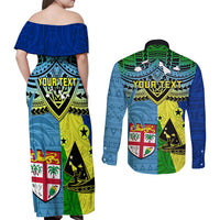 Custom Malampa Fiji Day Couples Matching Off Shoulder Maxi Dress and Long Sleeve Button Shirts Together We Grow Proud Polynesian Tapa Artsy - Wonder Print Shop