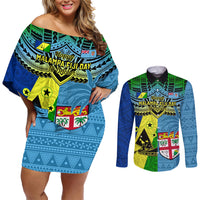 Custom Malampa Fiji Day Couples Matching Off Shoulder Short Dress and Long Sleeve Button Shirts Together We Grow Proud Polynesian Tapa Artsy - Wonder Print Shop