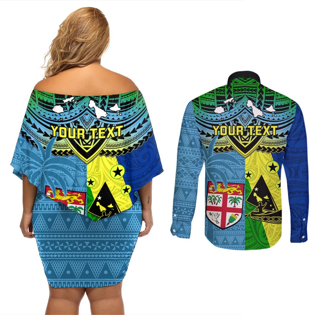 Custom Malampa Fiji Day Couples Matching Off Shoulder Short Dress and Long Sleeve Button Shirts Together We Grow Proud Polynesian Tapa Artsy - Wonder Print Shop