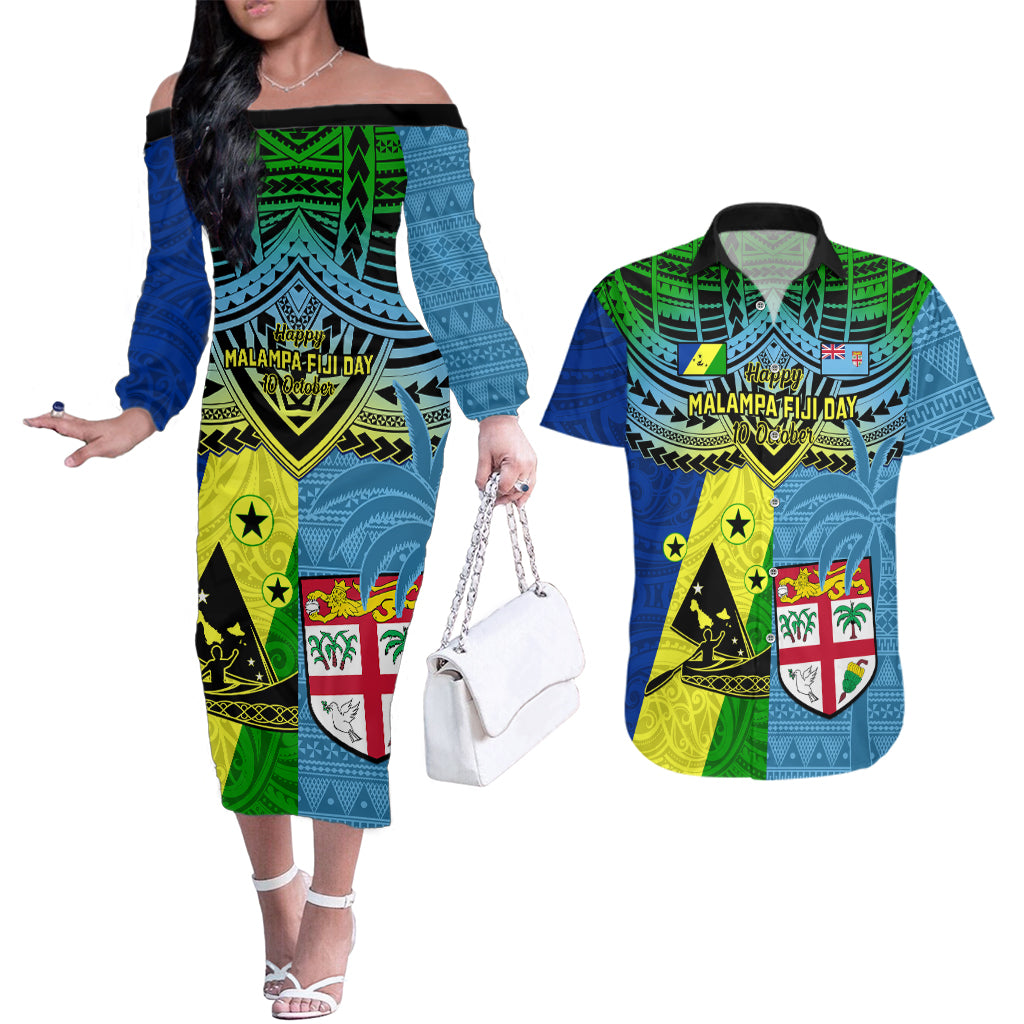 Custom Malampa Fiji Day Couples Matching Off The Shoulder Long Sleeve Dress and Hawaiian Shirt Together We Grow Proud Polynesian Tapa Artsy - Wonder Print Shop