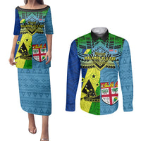 Custom Malampa Fiji Day Couples Matching Puletasi Dress and Long Sleeve Button Shirts Together We Grow Proud Polynesian Tapa Artsy - Wonder Print Shop