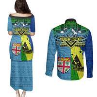 Custom Malampa Fiji Day Couples Matching Puletasi Dress and Long Sleeve Button Shirts Together We Grow Proud Polynesian Tapa Artsy - Wonder Print Shop