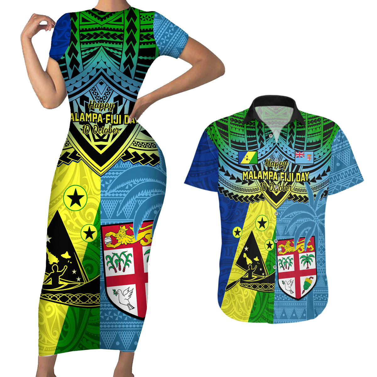 Custom Malampa Fiji Day Couples Matching Short Sleeve Bodycon Dress and Hawaiian Shirt Together We Grow Proud Polynesian Tapa Artsy - Wonder Print Shop
