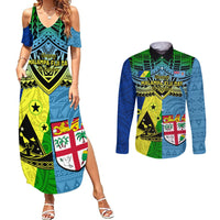 Custom Malampa Fiji Day Couples Matching Summer Maxi Dress and Long Sleeve Button Shirts Together We Grow Proud Polynesian Tapa Artsy - Wonder Print Shop