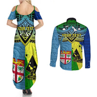 Custom Malampa Fiji Day Couples Matching Summer Maxi Dress and Long Sleeve Button Shirts Together We Grow Proud Polynesian Tapa Artsy - Wonder Print Shop