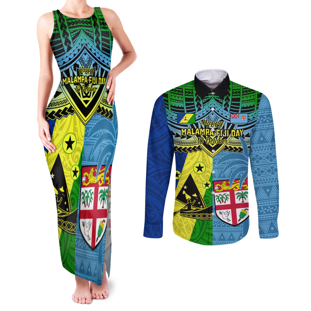 Custom Malampa Fiji Day Couples Matching Tank Maxi Dress and Long Sleeve Button Shirts Together We Grow Proud Polynesian Tapa Artsy - Wonder Print Shop