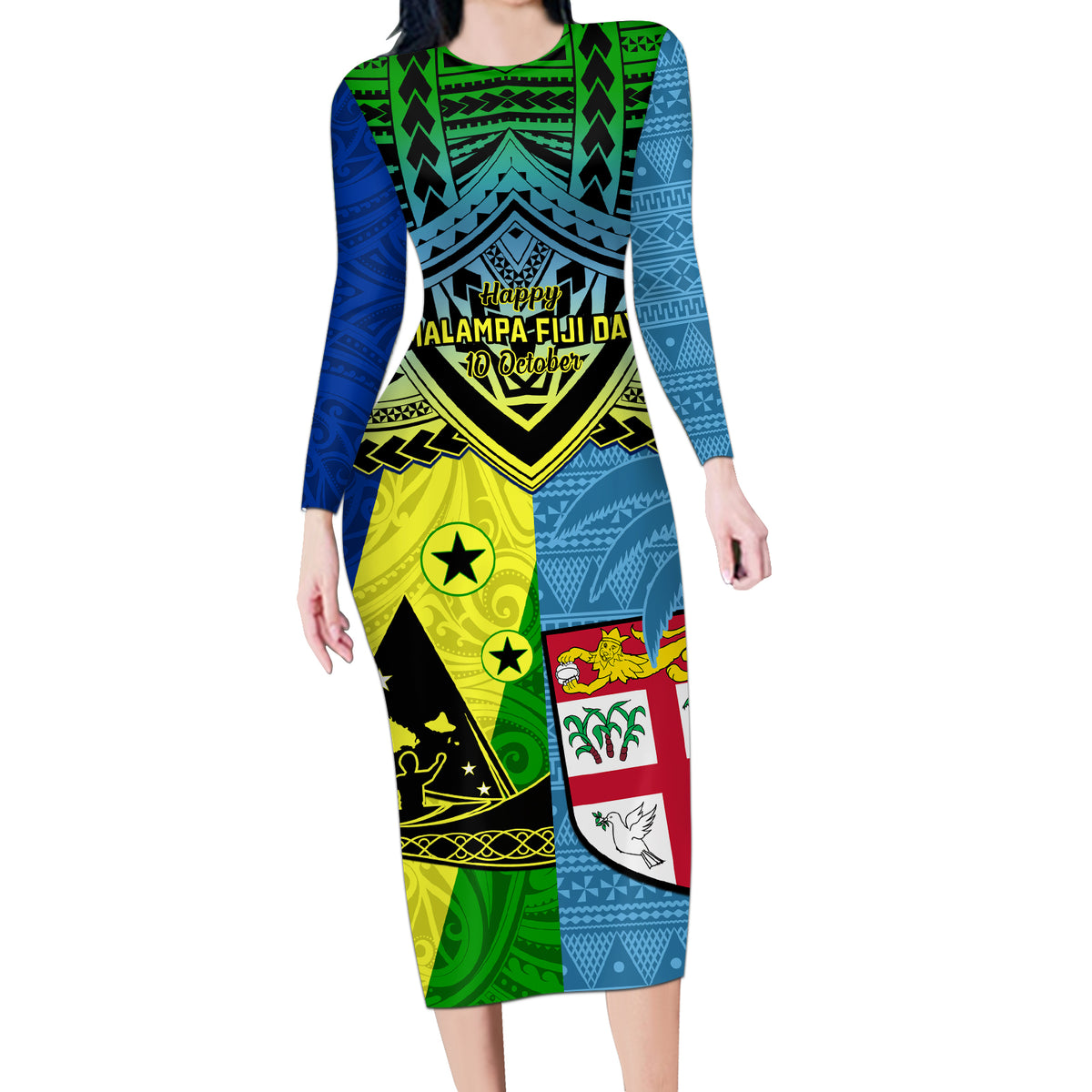 Custom Malampa Fiji Day Long Sleeve Bodycon Dress Together We Grow Proud Polynesian Tapa Artsy - Wonder Print Shop