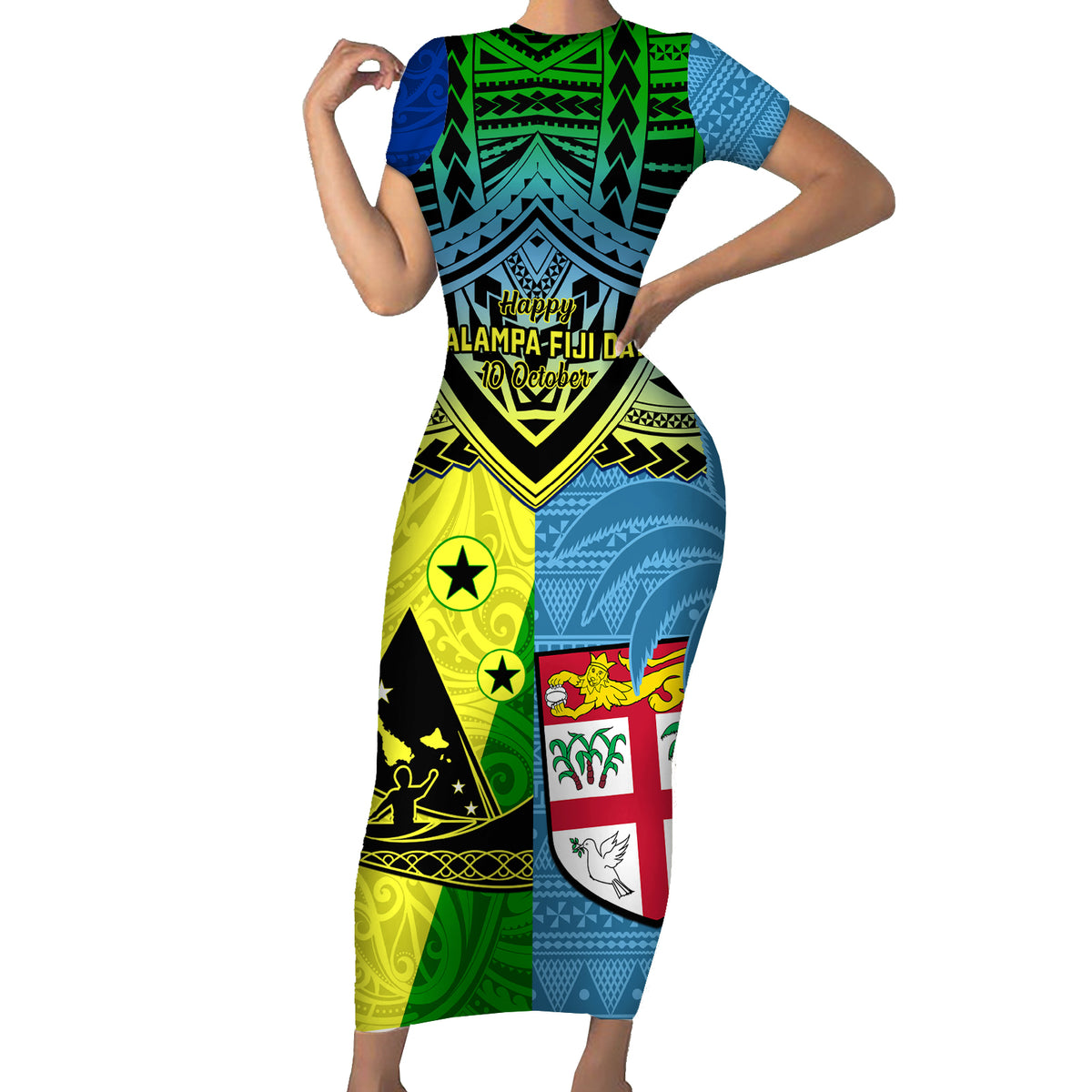 Custom Malampa Fiji Day Short Sleeve Bodycon Dress Together We Grow Proud Polynesian Tapa Artsy - Wonder Print Shop