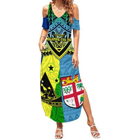 Women's blue cold-shoulder maxi dress, multicolor Polynesian graphic print.