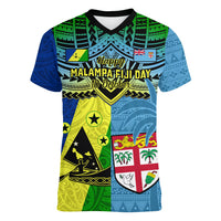 Custom Malampa Fiji Day Women V Neck T Shirt Together We Grow Proud Polynesian Tapa Artsy - Wonder Print Shop