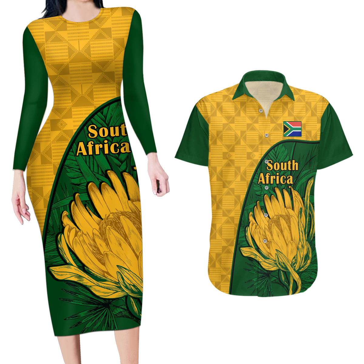 South Africa Couples Matching Long Sleeve Bodycon Dress and Hawaiian Shirt King Protea With Kente Pattern - Wonder Print Shop