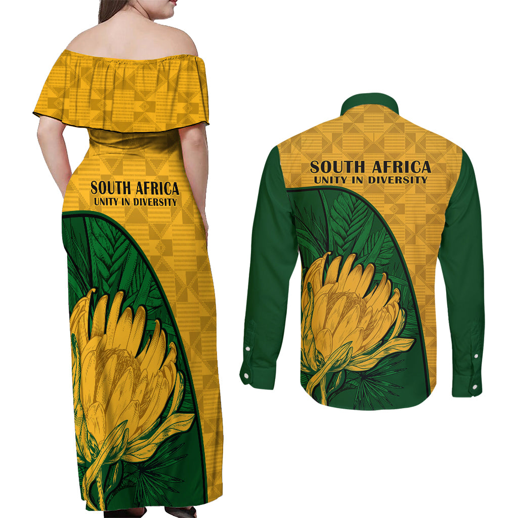 South Africa Couples Matching Off Shoulder Maxi Dress and Long Sleeve Button Shirts King Protea With Kente Pattern - Wonder Print Shop