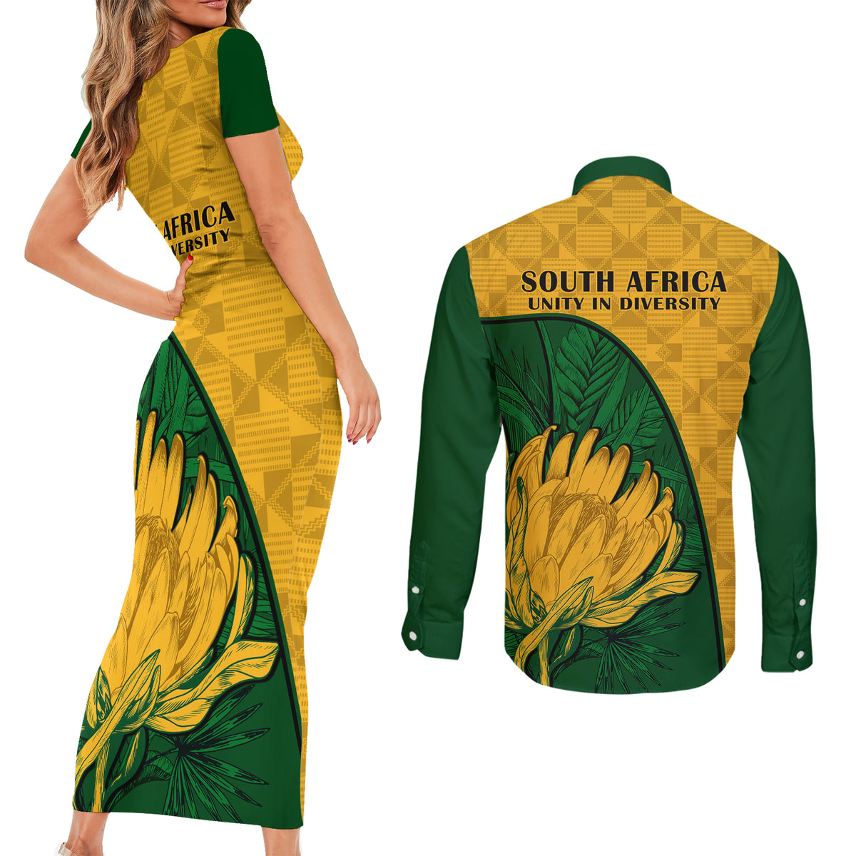 South Africa Couples Matching Short Sleeve Bodycon Dress and Long Sleeve Button Shirts King Protea With Kente Pattern - Wonder Print Shop