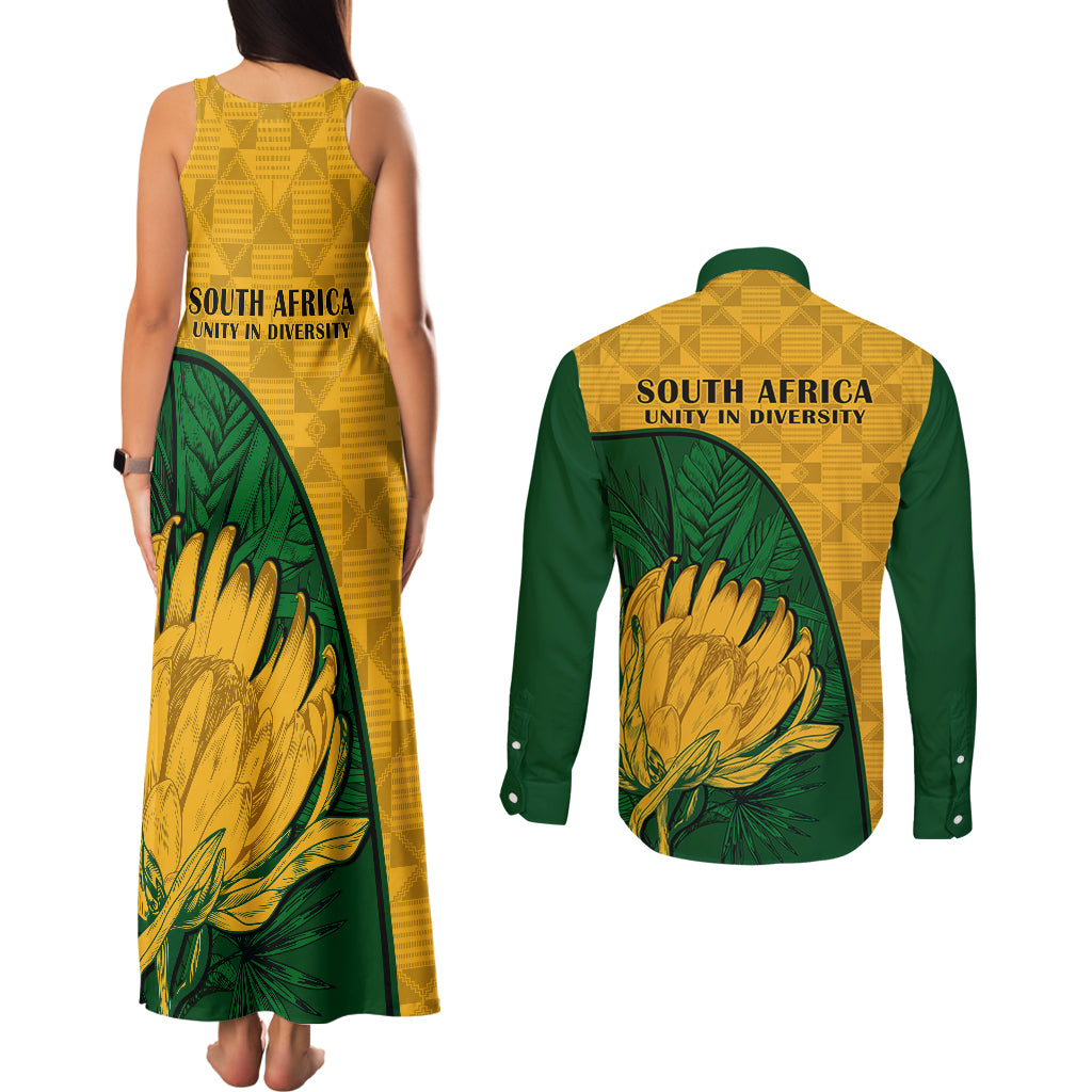 South Africa Couples Matching Tank Maxi Dress and Long Sleeve Button Shirts King Protea With Kente Pattern - Wonder Print Shop