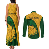 South Africa Couples Matching Tank Maxi Dress and Long Sleeve Button Shirts King Protea With Kente Pattern - Wonder Print Shop