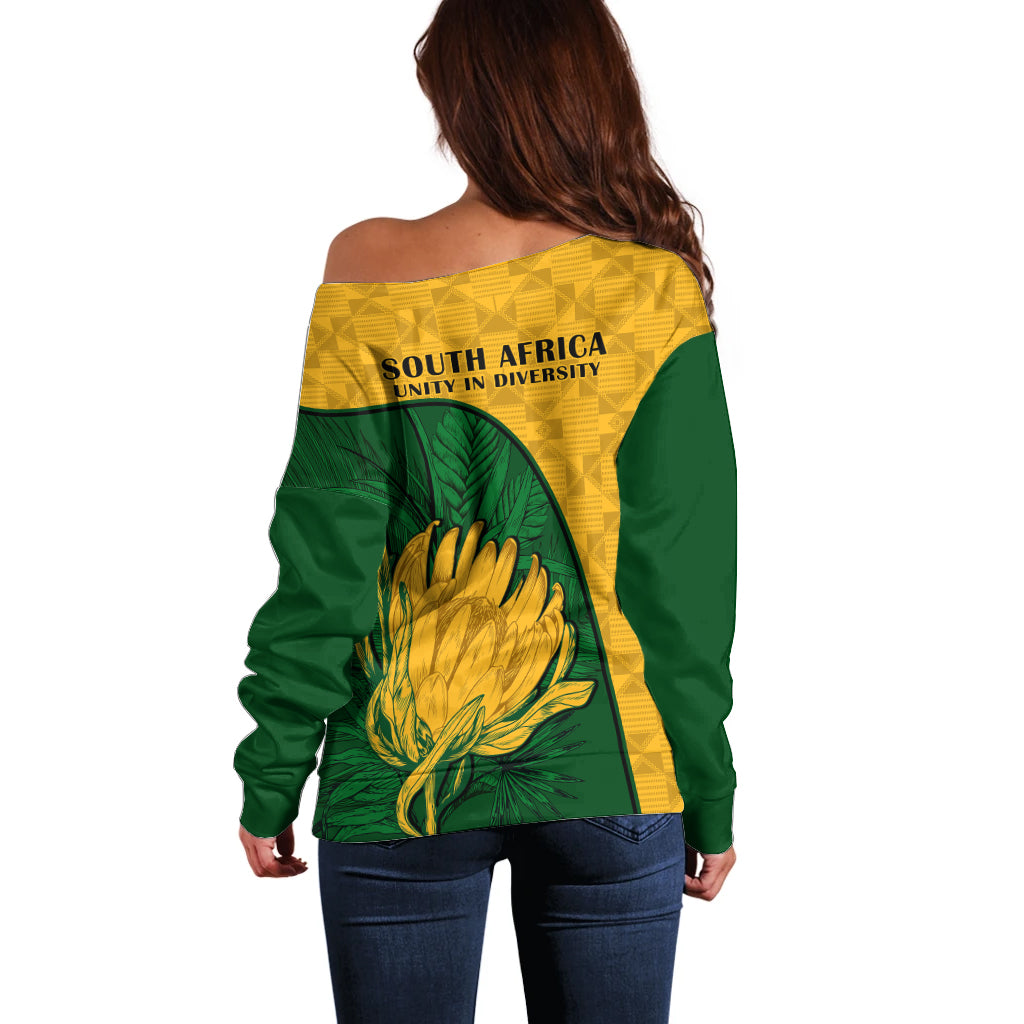 South Africa Off Shoulder Sweater King Protea With Kente Pattern - Wonder Print Shop