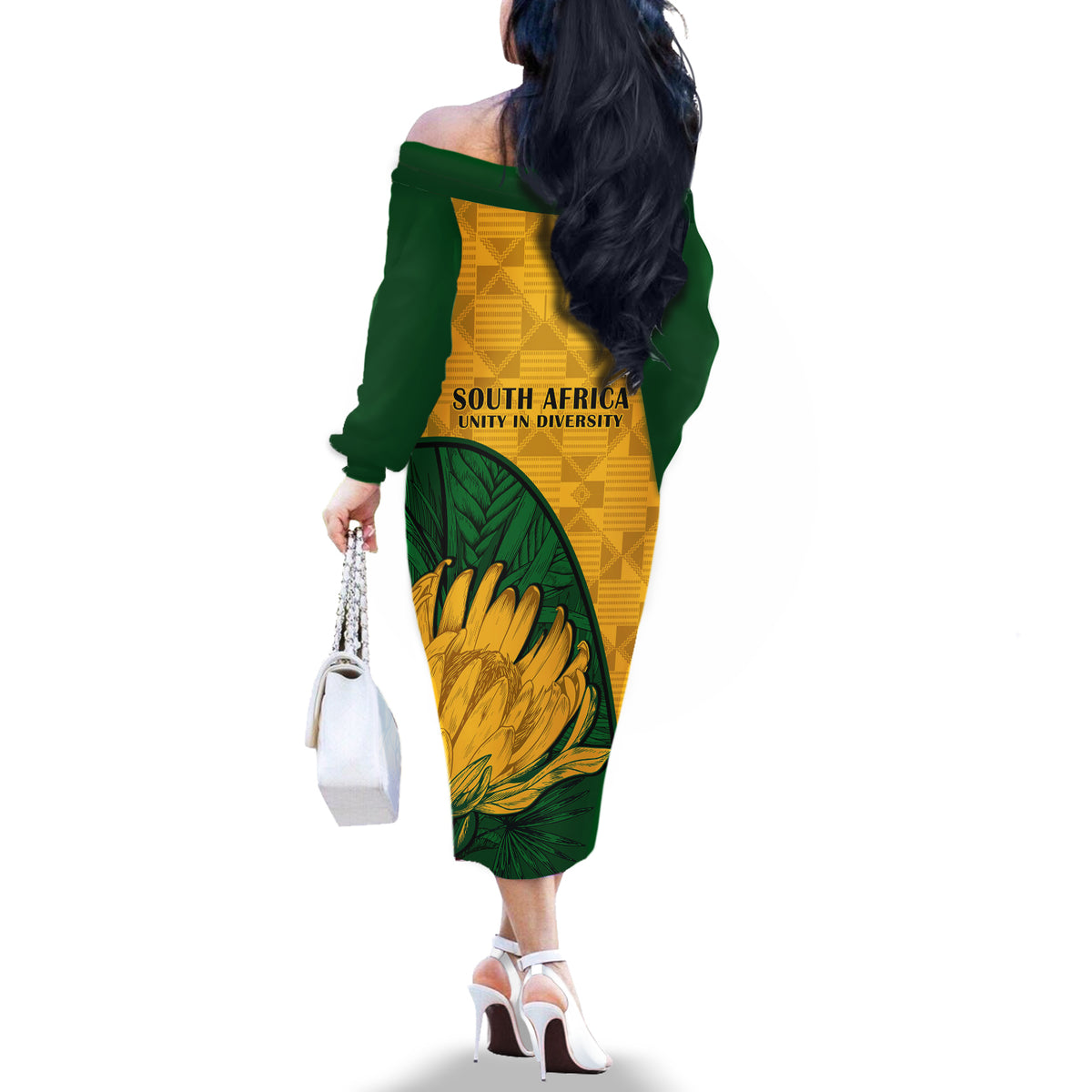 South Africa Off The Shoulder Long Sleeve Dress King Protea With Kente Pattern - Wonder Print Shop