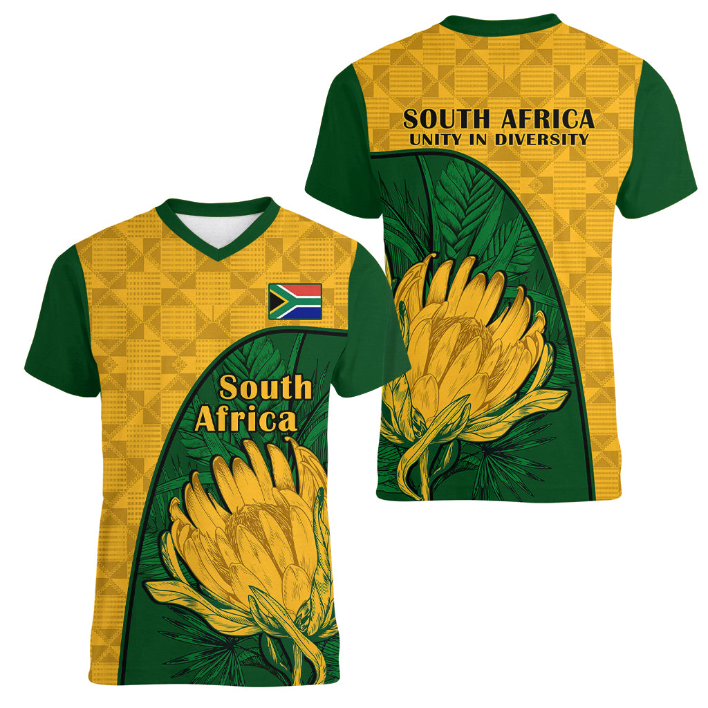 South Africa Women V Neck T Shirt King Protea With Kente Pattern - Wonder Print Shop