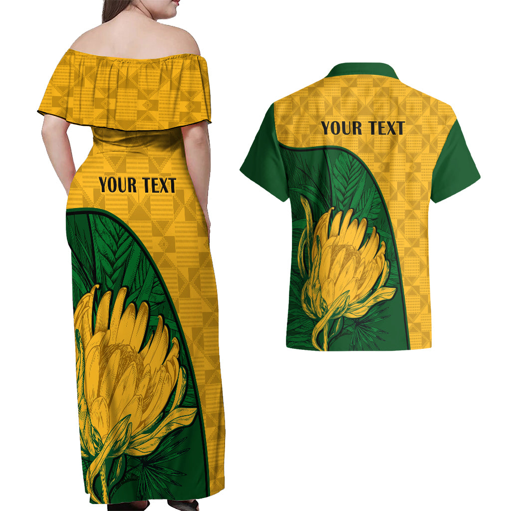 Custom South Africa Couples Matching Off Shoulder Maxi Dress and Hawaiian Shirt King Protea With Kente Pattern - Wonder Print Shop