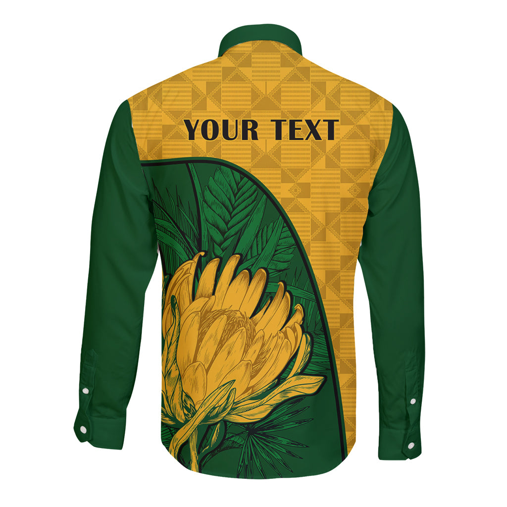Custom South Africa Long Sleeve Button Shirt King Protea With Kente Pattern - Wonder Print Shop