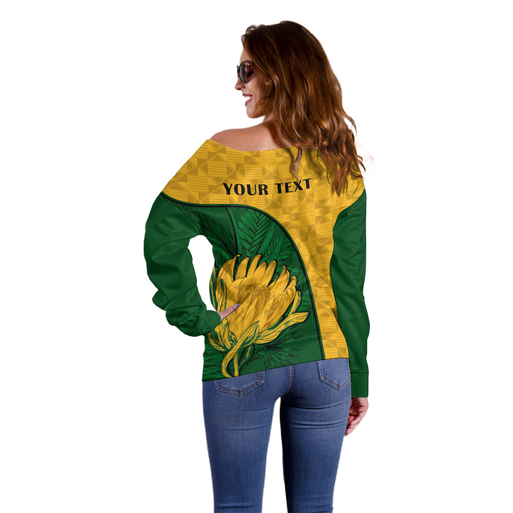 Custom South Africa Off Shoulder Sweater King Protea With Kente Pattern - Wonder Print Shop