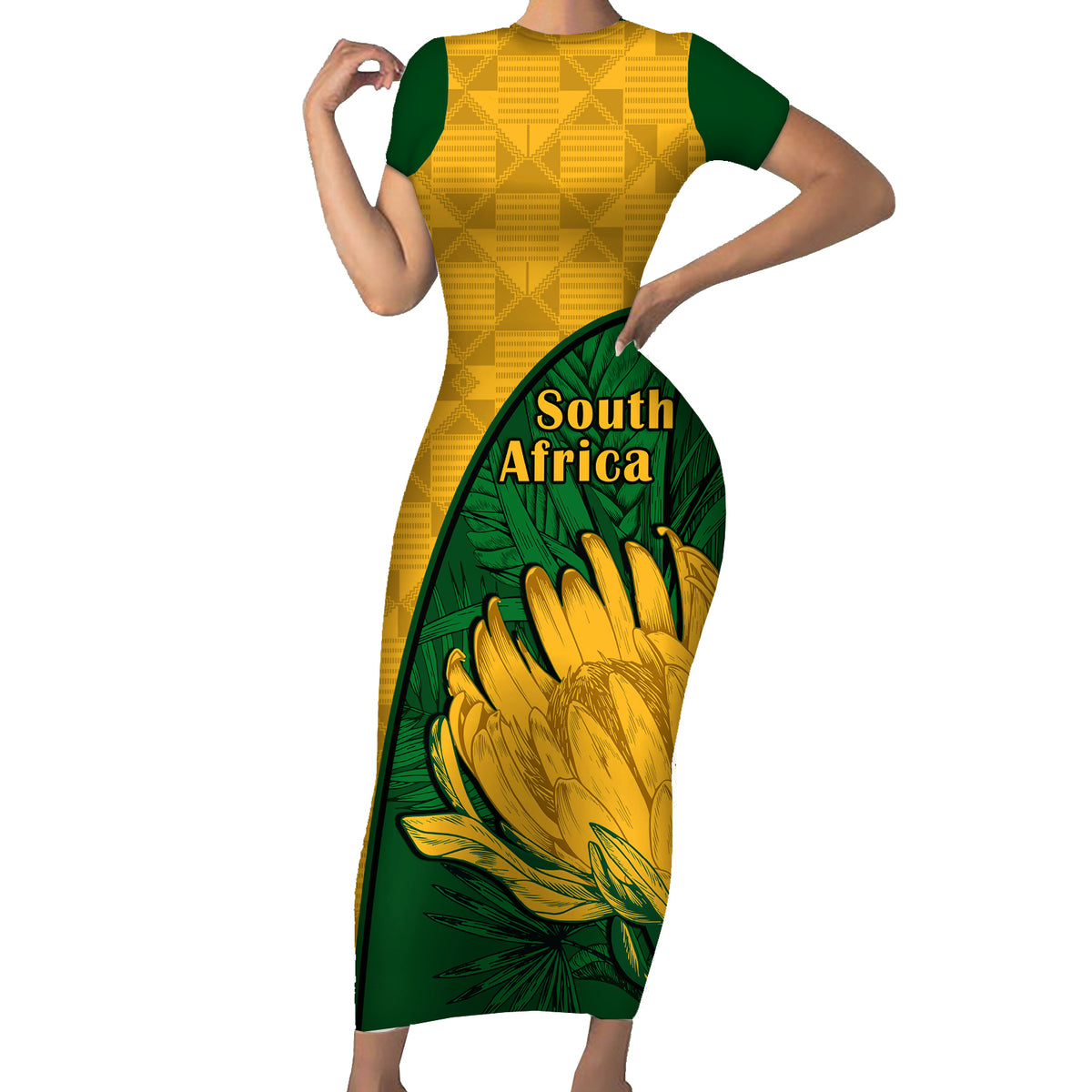 Custom South Africa Short Sleeve Bodycon Dress King Protea With Kente Pattern - Wonder Print Shop