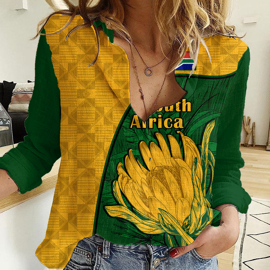 Custom South Africa Women Casual Shirt King Protea With Kente Pattern - Wonder Print Shop