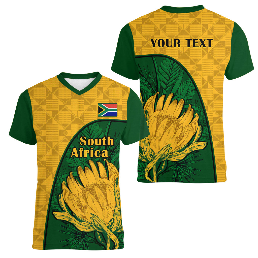 Custom South Africa Women V Neck T Shirt King Protea With Kente Pattern - Wonder Print Shop