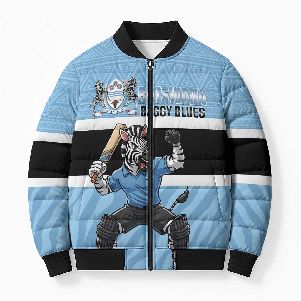 Custom Botswana Cricket Bomber Puffer Jacket Go Baggy Blues Zebra Mascot - Wonder Print Shop