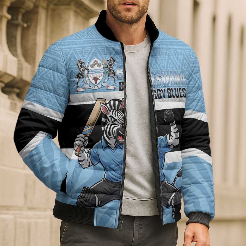 Custom Botswana Cricket Bomber Puffer Jacket Go Baggy Blues Zebra Mascot - Wonder Print Shop