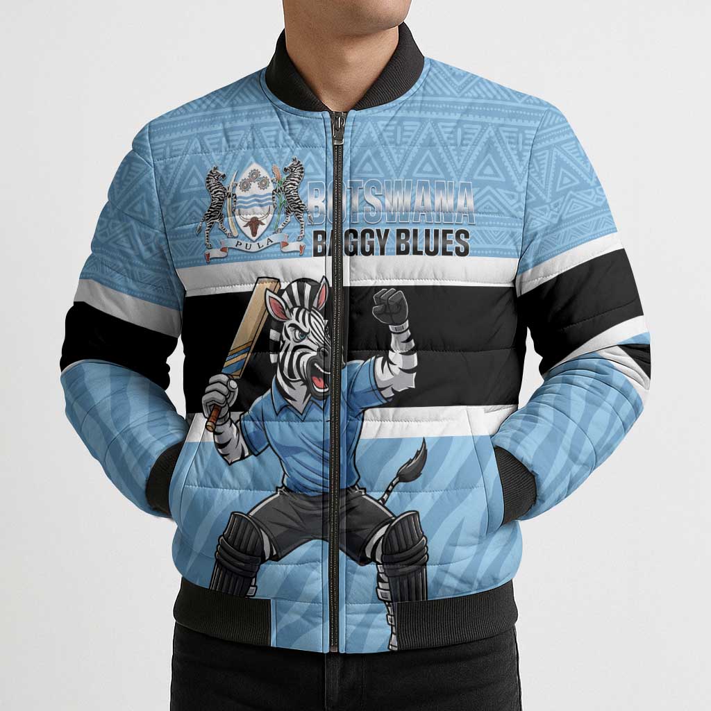 Custom Botswana Cricket Bomber Puffer Jacket Go Baggy Blues Zebra Mascot - Wonder Print Shop