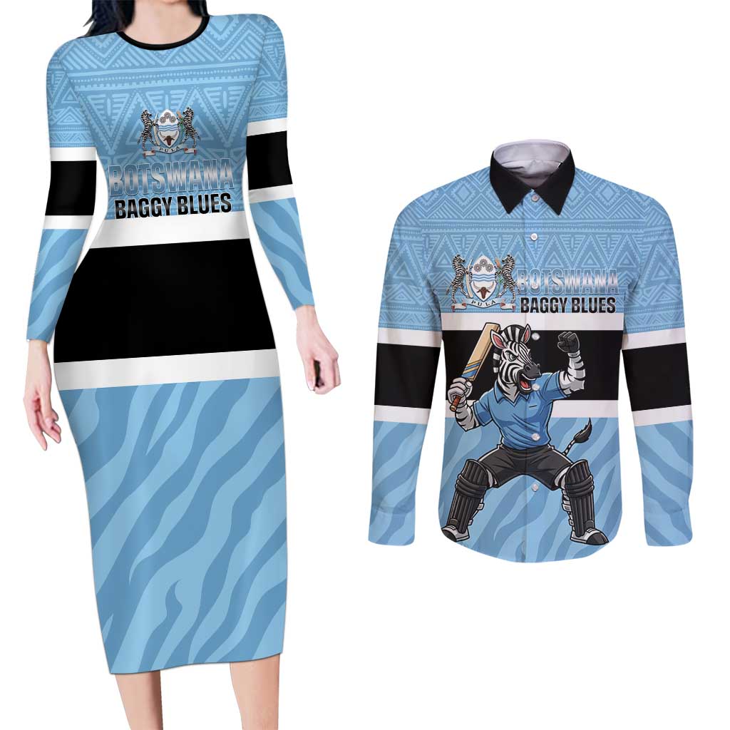 Custom Botswana Cricket Couples Matching Long Sleeve Bodycon Dress and Long Sleeve Button Shirt Go Baggy Blues Zebra Mascot - Wonder Print Shop