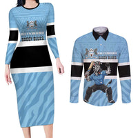 Custom Botswana Cricket Couples Matching Long Sleeve Bodycon Dress and Long Sleeve Button Shirt Go Baggy Blues Zebra Mascot - Wonder Print Shop