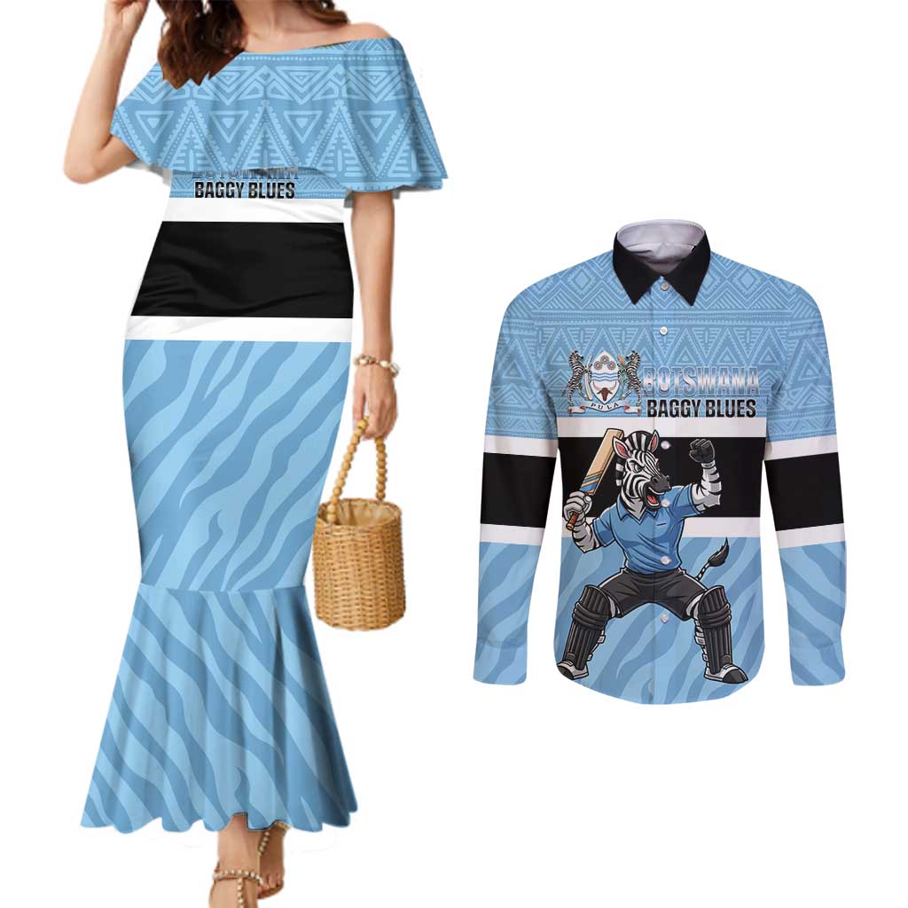 Custom Botswana Cricket Couples Matching Mermaid Dress and Long Sleeve Button Shirt Go Baggy Blues Zebra Mascot - Wonder Print Shop