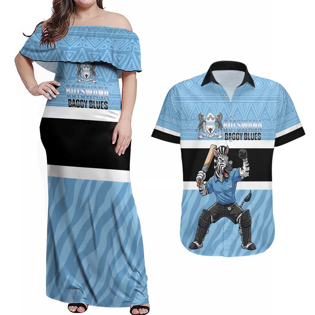 Custom Botswana Cricket Couples Matching Off Shoulder Maxi Dress and Hawaiian Shirt Go Baggy Blues Zebra Mascot - Wonder Print Shop