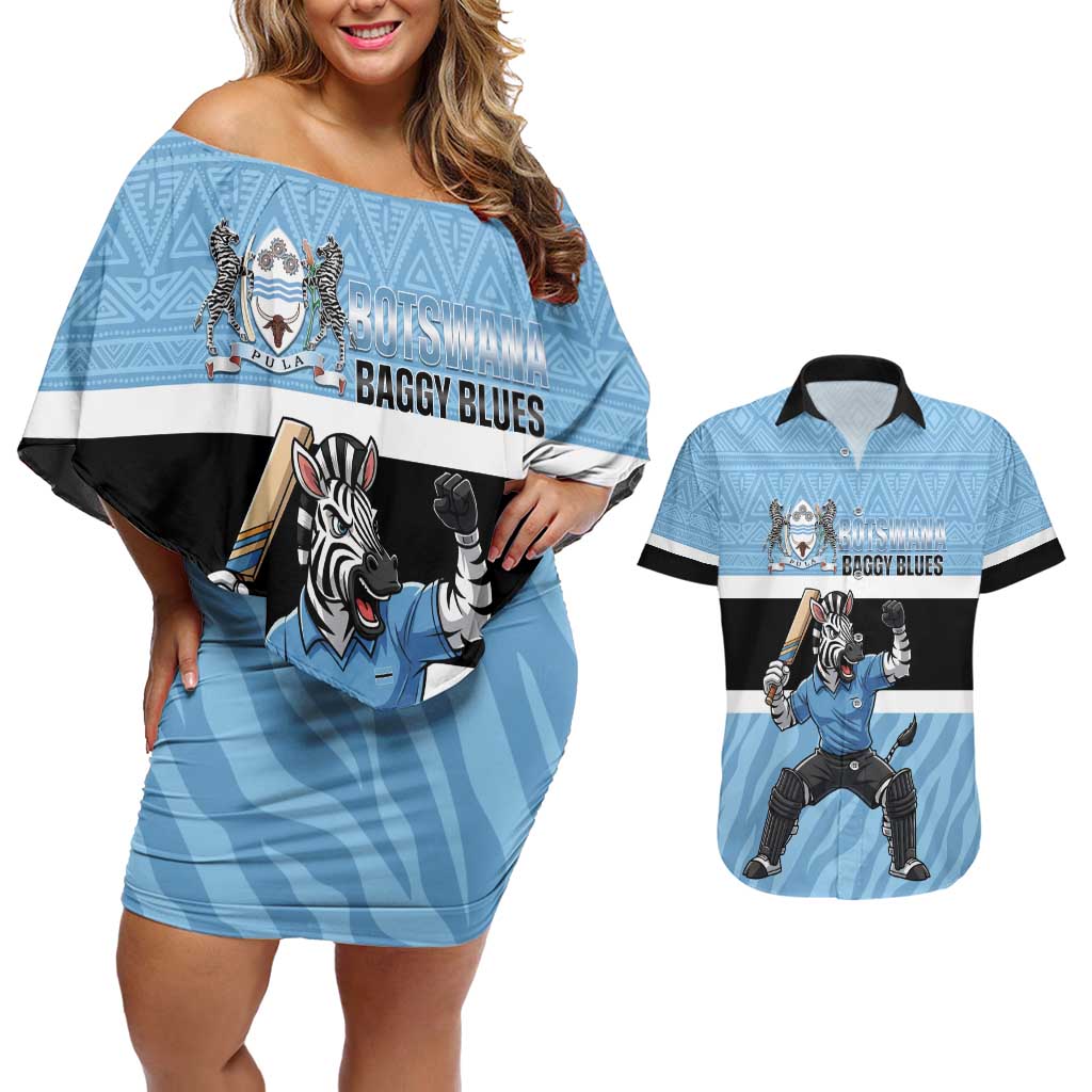 Custom Botswana Cricket Couples Matching Off Shoulder Short Dress and Hawaiian Shirt Go Baggy Blues Zebra Mascot - Wonder Print Shop