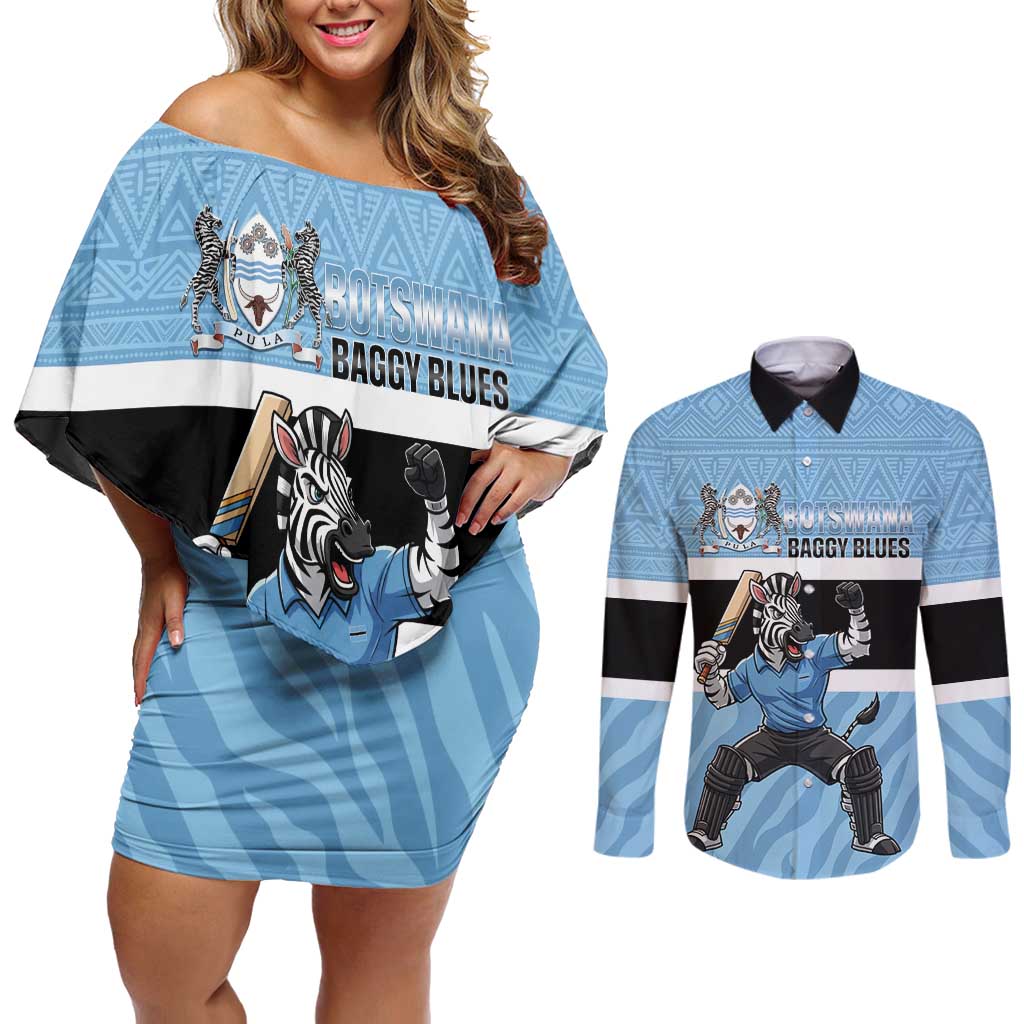Custom Botswana Cricket Couples Matching Off Shoulder Short Dress and Long Sleeve Button Shirt Go Baggy Blues Zebra Mascot - Wonder Print Shop