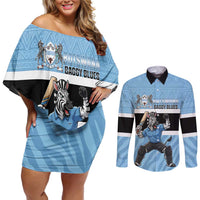 Custom Botswana Cricket Couples Matching Off Shoulder Short Dress and Long Sleeve Button Shirt Go Baggy Blues Zebra Mascot - Wonder Print Shop