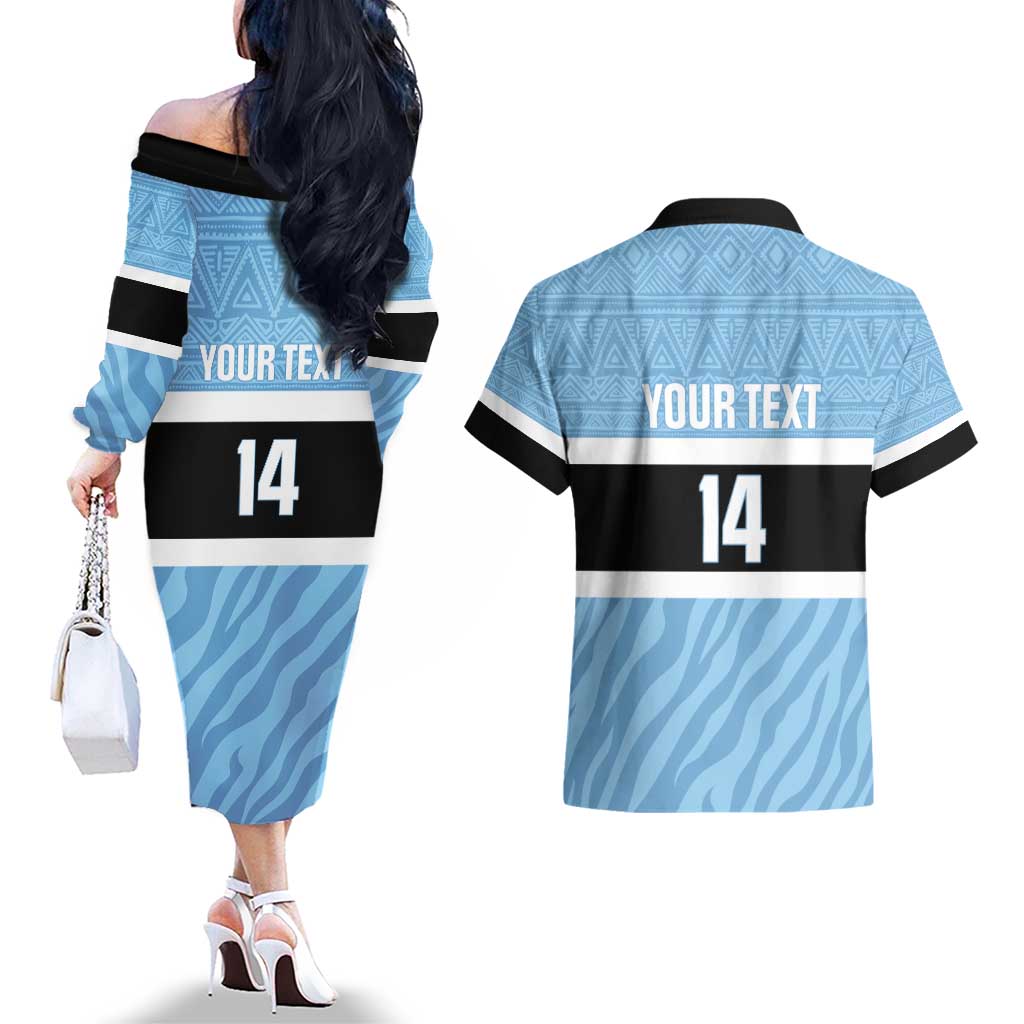 Custom Botswana Cricket Couples Matching Off The Shoulder Long Sleeve Dress and Hawaiian Shirt Go Baggy Blues Zebra Mascot - Wonder Print Shop