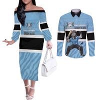 Custom Botswana Cricket Couples Matching Off The Shoulder Long Sleeve Dress and Long Sleeve Button Shirt Go Baggy Blues Zebra Mascot - Wonder Print Shop