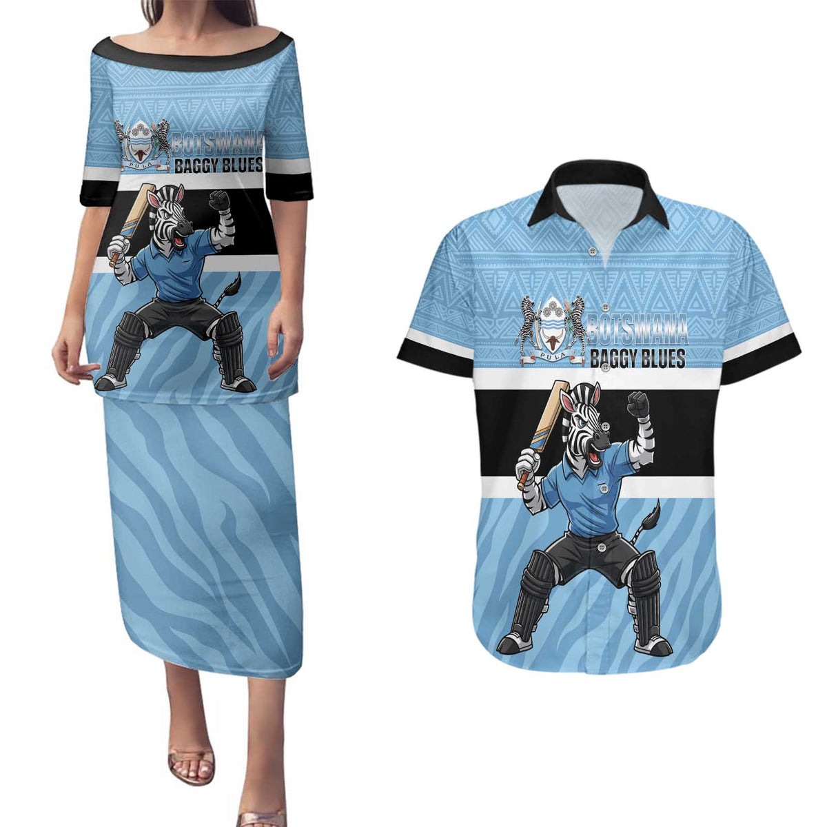 Custom Botswana Cricket Couples Matching Puletasi and Hawaiian Shirt Go Baggy Blues Zebra Mascot - Wonder Print Shop